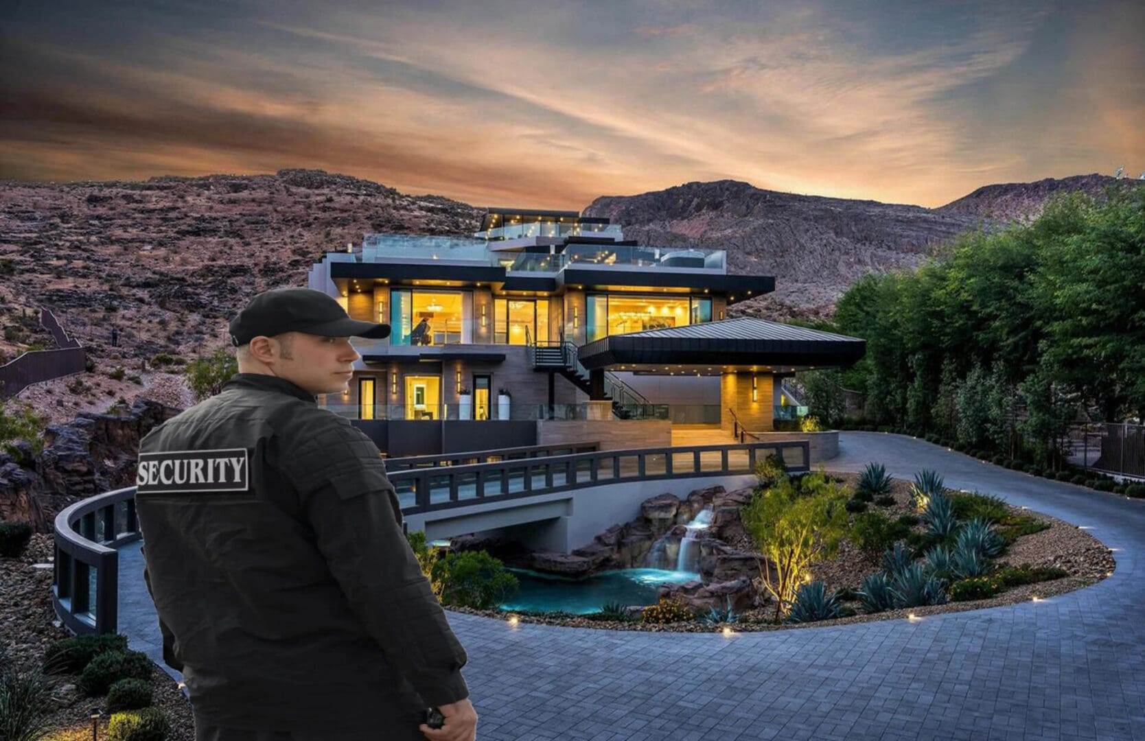 Security guard standing outside a modern, illuminated house at dusk.