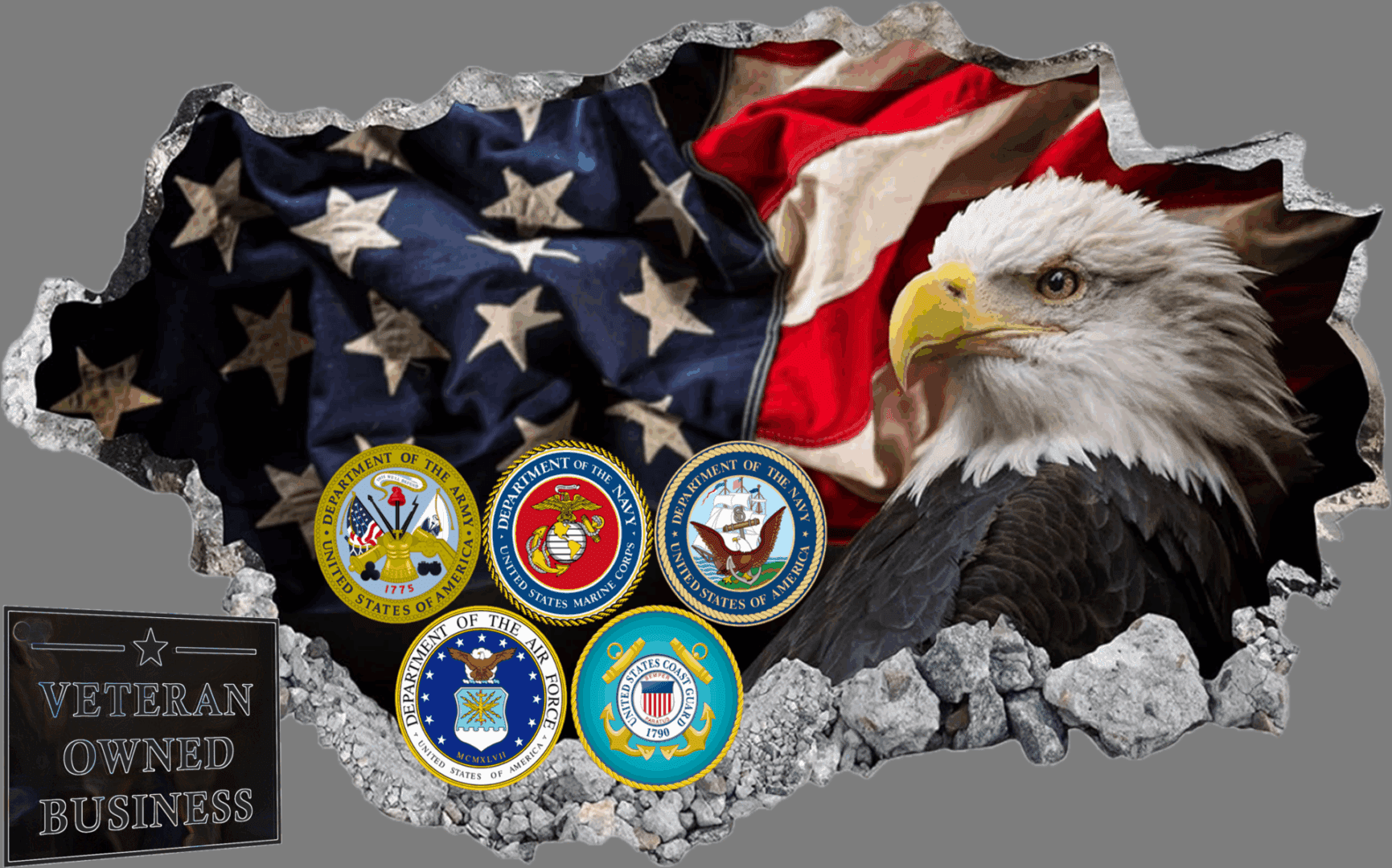 American flag and bald eagle with military branch emblems.