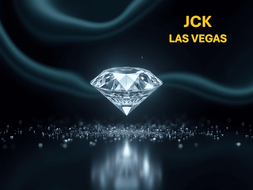A sparkling diamond with glowing particles and 'JCK Las Vegas' text.